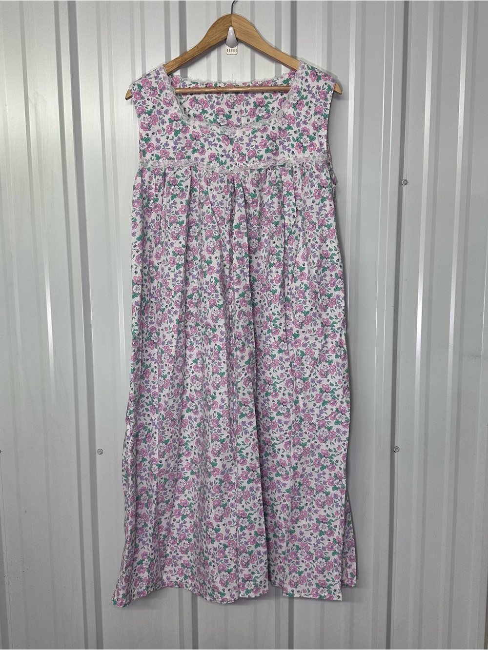 Vintage Handmade Floral Print Cotton Nightgown Sleeveless Lace Trim Cottagecore